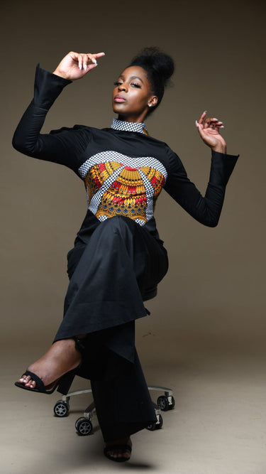SUNRAY Alora Black & Ankara Twisted Collar Corset Shirt